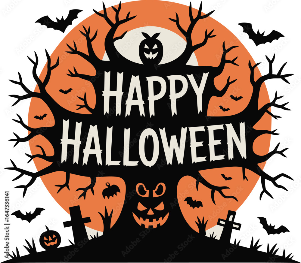 Obraz premium Happy Halloween Vector Art Spooky Tree with Bats, Pumpkins, Full Moon - Flat Silhouette Design for Greeting Cards, Party Invitations, and Holiday Decor
