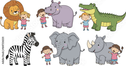 Create a kinds of deferent  animal, animals, baby, elephant, vector, illustration, giraffe, set, hippo, cute, lion, pig, dog, cat,  vector art with white background.