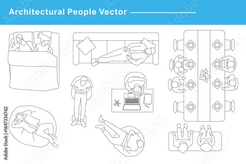 CAD Drawings. Set people outlines isolated on white background. Sitting on the sofa. Top view. Vector illustration.	
