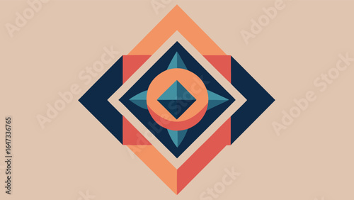 Geometric Diamond Shape with Inner Circles and Squares in Blue and Orange abstract background