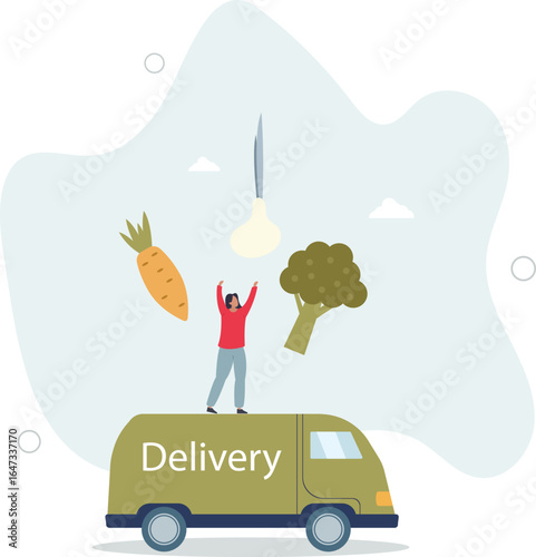 Character buying online fresh organic vegetables, paying for an order and getting groceries delivered.human life.