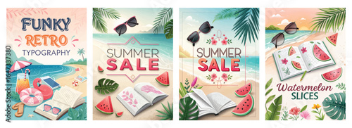 Colorful summer sale banners featuring retro typography, beach elements, and watermelon themes.