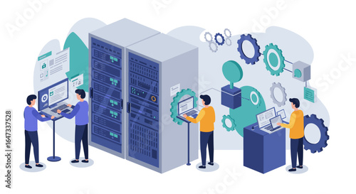 Data center management with isometric server racks and team collaboration