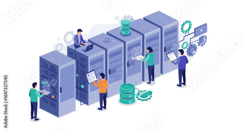 Isometric data center with team working on servers and cloud technologies