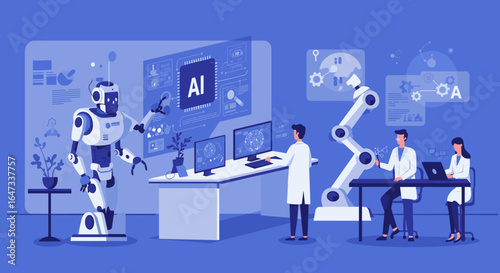 Futuristic ai lab with robots and scientists collaborating in a high-tech environment