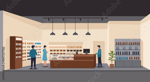 Modern pharmacy interior with customers and pharmacist in flat design