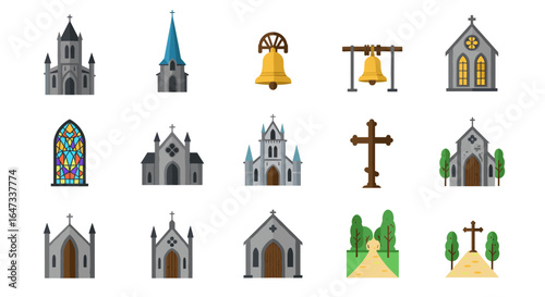 Icon set: diverse church designs and decor elements for religious themes