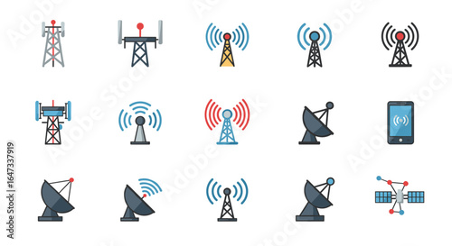 Communication towers and satellite icons in flat design for digital connectivity