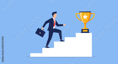 Business growth concept: professional climbing steps to success with trophy