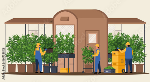 Greenhouse workers tending to lush plants in a modern gardening setup