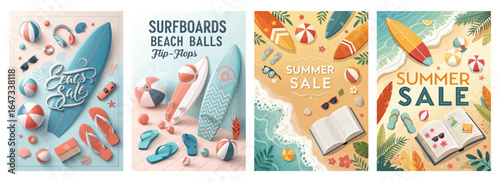 Colorful summer sale illustrations featuring beach-themed items and vibrant designs.