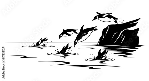 penguins diving into ocean a stunning black and white illustration perfect for nature documentaries wildlife conservation projects and childrens books