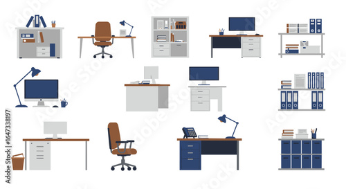 Modern office furniture set with desks, chairs, and storage solutions