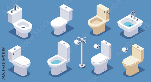 Isometric bathroom fixtures collection: toilets, bidet, and accessories on blue background