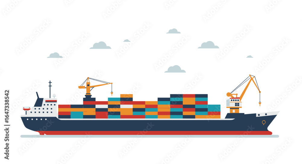 Fototapeta premium Flat design cargo ship with containers and cranes on a calm sea