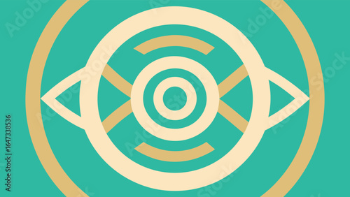 Geometric Eye Symbol with Concentric Circles and Lines on Teal abstract