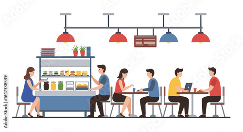 Café dining scene with people socializing indoors