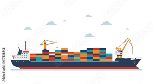 Flat design cargo ship with containers and cranes on a calm sea