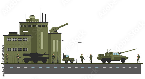 Military vehicles and soldiers in urban setting