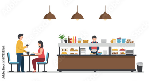Modern cafe scene with customers dining and barista serving behind counter