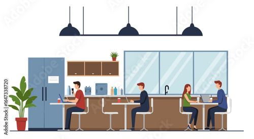 Modern office break room with people communicating and working