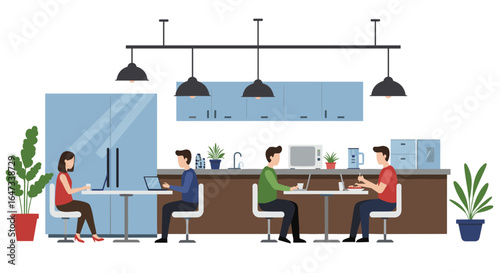 Modern office break room with people working and eating