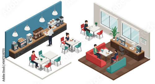 Isometric office and cafe scene with modern workspace and dining area