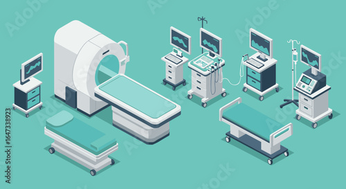 Isometric medical equipment set featuring mri and hospital beds in modern healthcare facility