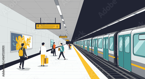 Modern urban subway station scene with commuters in flat design style