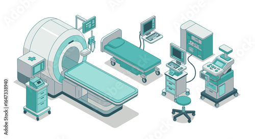 Modern isometric medical equipment set with ct scanner and hospital furniture