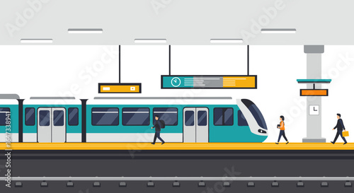 Modern train station with passengers and commuter train in flat design