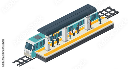 Modern city train station with isometric subway platform and commuters