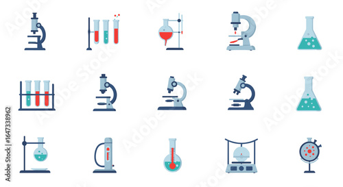 Colorful laboratory tools collection with microscope and beaker icons
