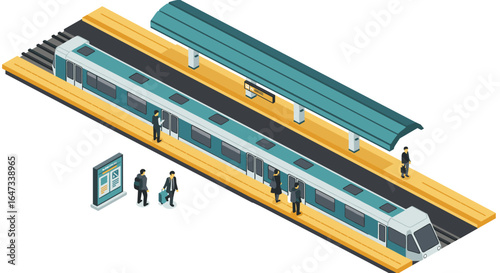 Isometric city train station with passengers on platform and train