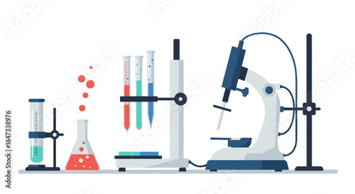 Laboratory equipment on desk with microscope and test tubes in flat design