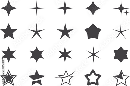 Star icon set vector illustration. collection of star shapes in various styles, minimalist black and white celestial symbols for decoration, design elements, and creative projects