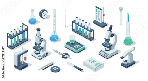 Isometric laboratory equipment set featuring microscopes and test tubes