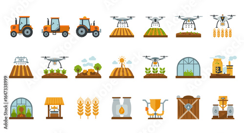 Modern farming equipment and agricultural technology icons collection