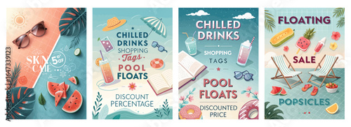 Colorful summer-themed promotional posters featuring drinks, popsicles, and pool floats.