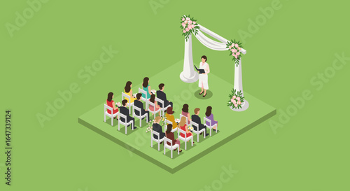 Isometric outdoor wedding ceremony with guests and floral decor on green background
