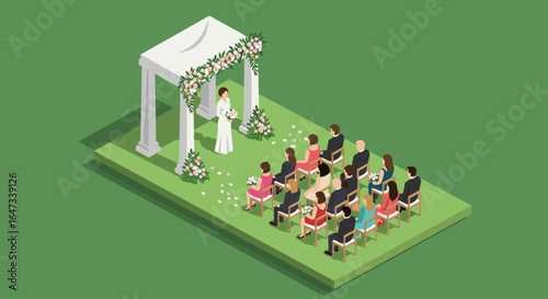 Elegant isometric wedding ceremony under white arch with guests