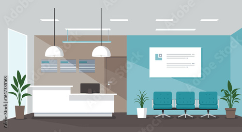 Modern reception area with plants and seating in flat design