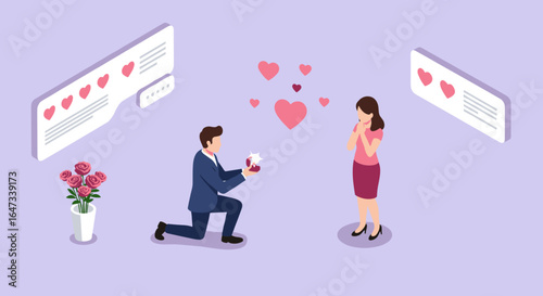 Isometric marriage proposal with online messages and hearts on purple background