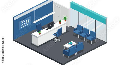 Isometric office waiting room with modern furniture and colors