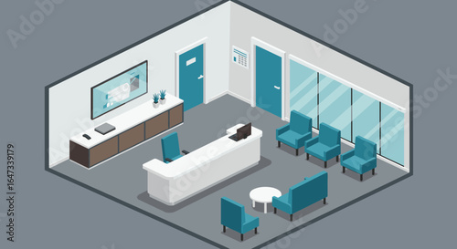 Isometric office lobby interior with modern furniture and reception desk