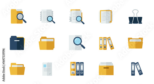 File organization icons set featuring magnifying glass, folders, and binders