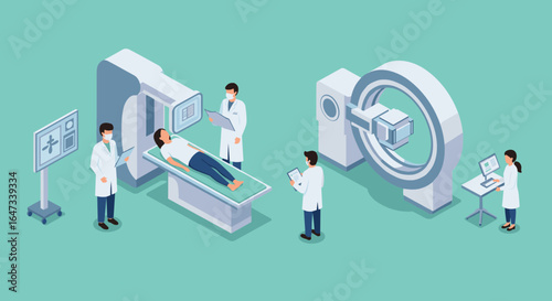 Isometric medical imaging procedure with ct scanner and healthcare professionals