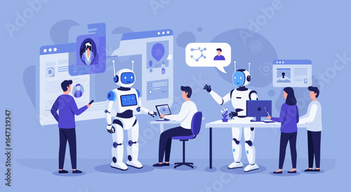 Futuristic office collaboration with robots and humans in a high-tech workspace