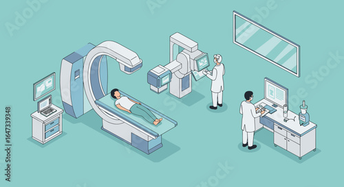 Isometric medical imaging room with mri scanner and healthcare professionals