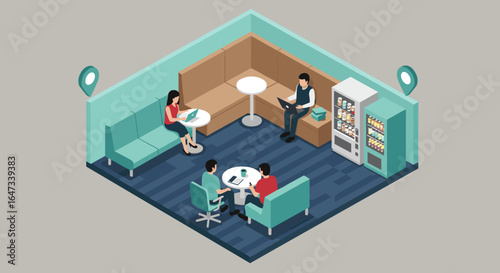 Modern office lounge with isometric seating and snack area for casual meetings